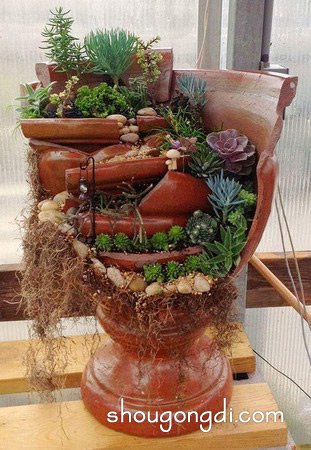 破損花盆變廢為寶DIY手工製作漂亮的盆景