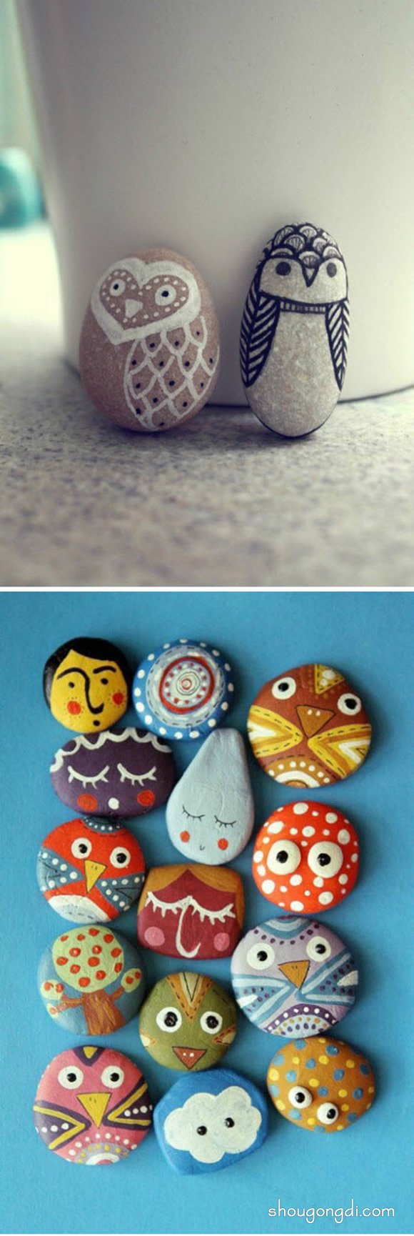 可爱小动物石头画作品图片，还能制作成项链吊坠