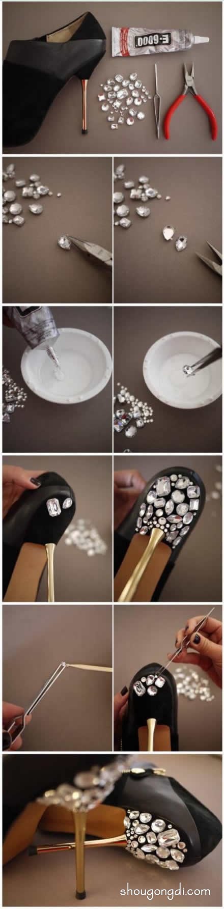 舊高跟鞋DIY升級：黏貼水鑽打造潮流美鞋