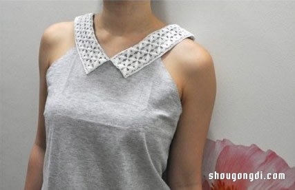 女生舊T恤改造DIY：領子蕾絲飾帶領子無袖衫