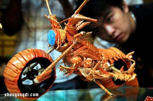 大龍蝦殼變廢為寶：手工打造黑暗風摩托車模型