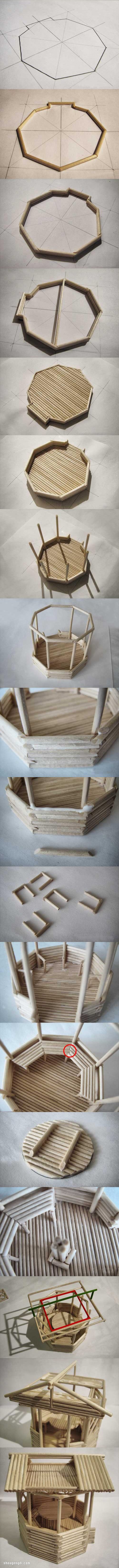 一次性筷子/竹簽/細木棍手工製作涼亭模型