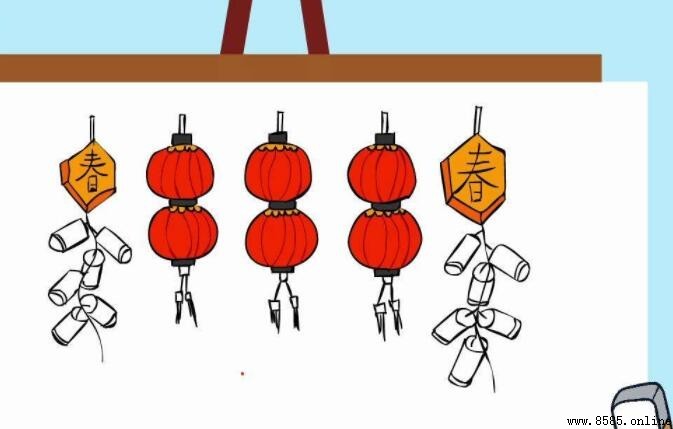 春节主题绘画教程:灯笼、春联与鞭炮的绘制步骤